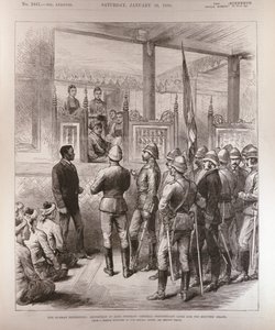 Obłożenie króla Theebawa w Birmie (1858-1916): Generał Prendergast daje mu dziesięć minut łaski, z The Illustrated London News, 30 stycznia 1886 autorstwa English School